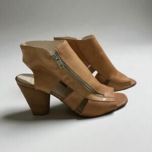 Summit by White Mountain Tan Leather Block Heel Peep Toe Bootie Sandals Size 8.5